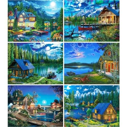 MomoArt Diamond Embroidery House 5D DIY Full Square Round Diamond Painting Lake Landscape Cross Stitch Kit Home Decor Gift