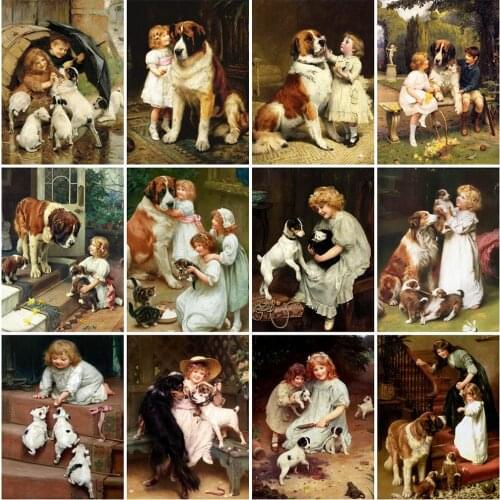 MomoArt Diamond Embroidery Child Rhinestone Art 5D DIY Diamond Painting Girl Portrait Diamond Mosaic Dog Home Decorations