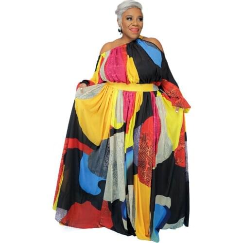 One-Shoulder Long-Sleeved Sexy Dress Casual African Female Slim Fit Loose Long Skirt Fall Dashiki Printed Robe National Costume