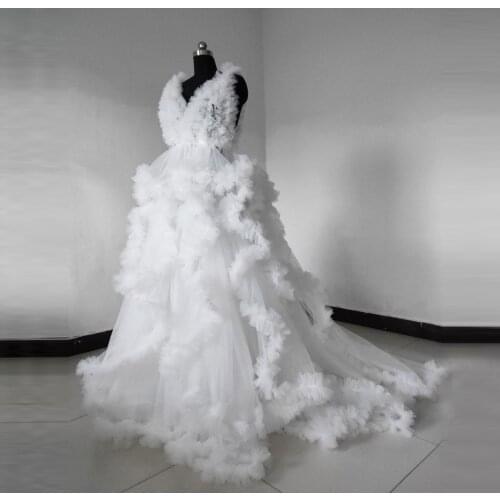 Real Image White Tulle Maternity Robes Backless V Neck Sleevless Extra Fluffy Ruffles Plus Size Dresses Gowns