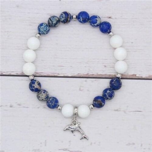 Poshfeel Ocean Style Dolphin Charm Bracelet for Women 8mm Blue Stone Beads Bracelets & Bangles MBR180218
