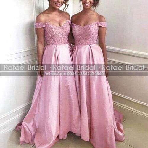 Luxury Beads A Line Bridesmaid Dresses Pink Satin Long Off Shoulder Sequins Wedding Party Dress Maid Of Honor For Women