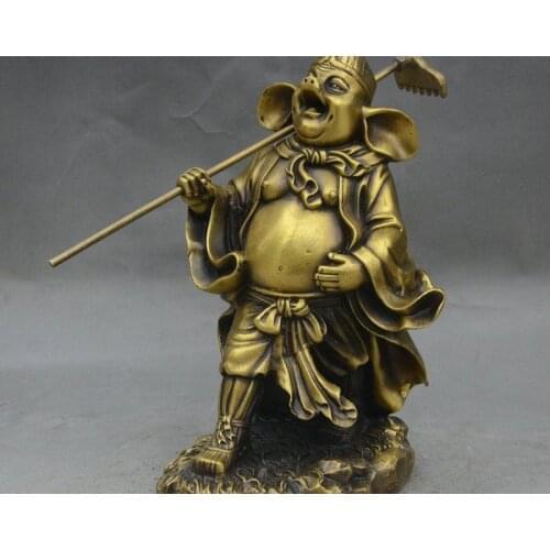 9" China Myth Brass Xi you ji Happy Pig ZhuBajie God Hold Rake Statue Sculpture