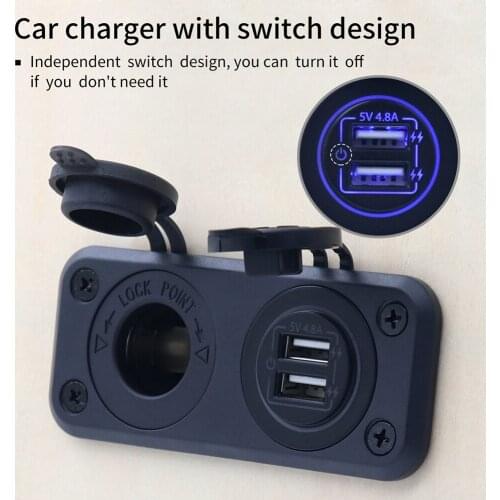 Touch Switch LED 4.8A Dual USB Charger + Cigarette Lighter Socket Power Adapter Panel Mount for Car Motorcycle Truck RV Bus Boat