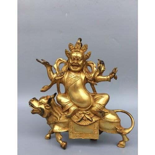 9"Tibet temple Old Bronze Gilt Black God of Wealth Buddha Statue Yellow God of Wealth rides a monster Sitting Buddha