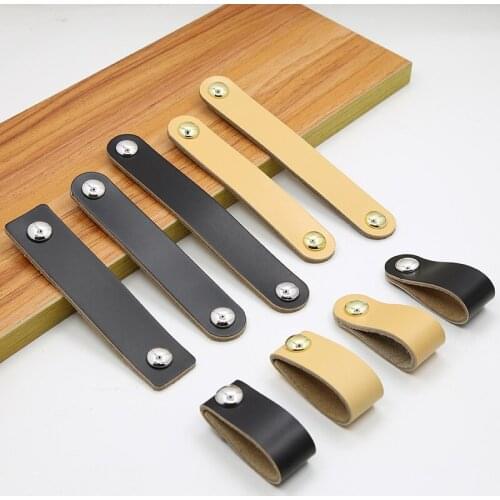 Thick leather handles Nordic wardrobe leather handles tatami cabinet door drawer black handle cowhide