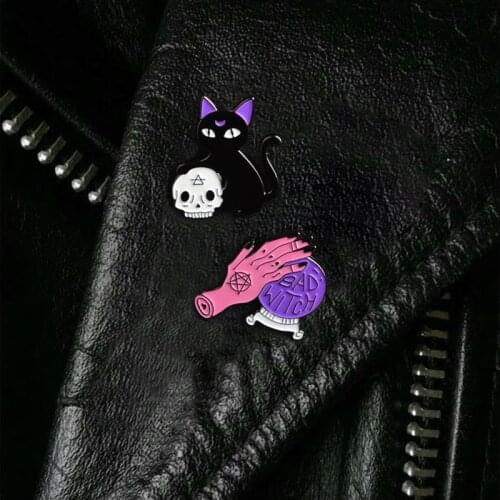 Magic Accessories Black Cat Skull Brooch & Red Witch Palm "BAD WITCH" Purple Magic Crystal Ball Gifts For Friends