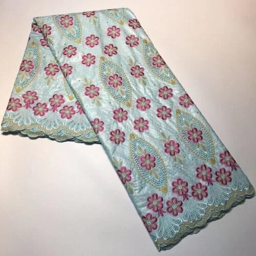 Top Quality African Bazin Riche Fabric Flowers Brode Stones 5 Yards Embroidered Perforated 100% Cotton Basin Tissu For Sewing