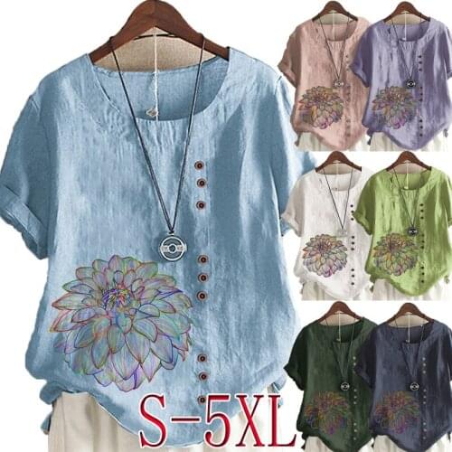 Womens Summer Round Neck Short Sleeve T-shirt Casual Graphic Shirt Leisure Fashion Loose Flower Prined Blouse Tops Plus Size