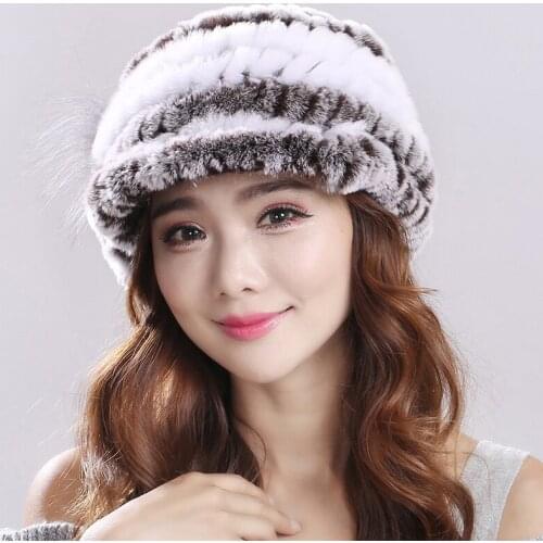 Real Rex Rabbit Hat With Fox Fur Pompoms Hat For Women Thicken Female Fur Caps Ladies Winter Knitted Rex Rabbit Fur Beanies