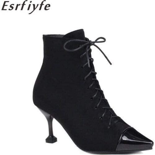 ESRFIYFE 2021 New Women Ankle Boots denim High Heels Pointed Toe Shoes Woman lace up Ladies Party Shoes Large Size 34-48 Black