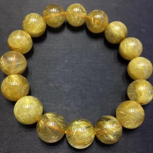 Natural Gold Rutilated Titanium Quartz Woman Bracelet 13mm Wealthy Clear Round Beads Jewelry From Brazil AAAAAAA