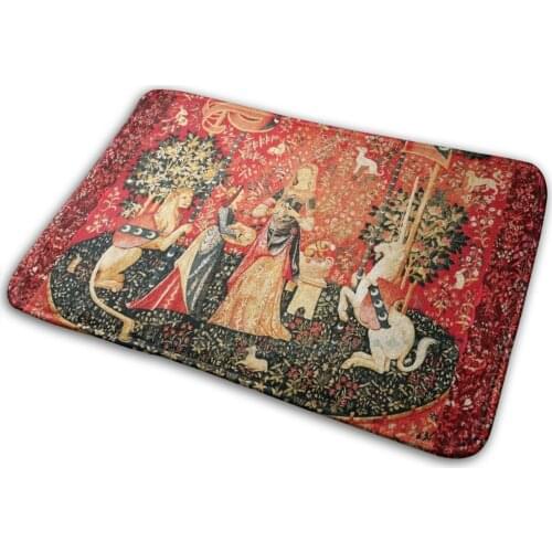 Lady And Unicorn , Smell , Lion , Fantasy Flowers , Animals Red Green Floral Mat Rug Carpet Anti - Slip Bedroom Entrance Door Ma