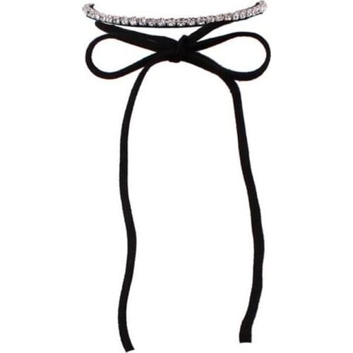 Long Black Leather Rope Choker Women Rhinestone Crystals tie up bowknot Collar Necklace Fashion Trendy Girls Accessories