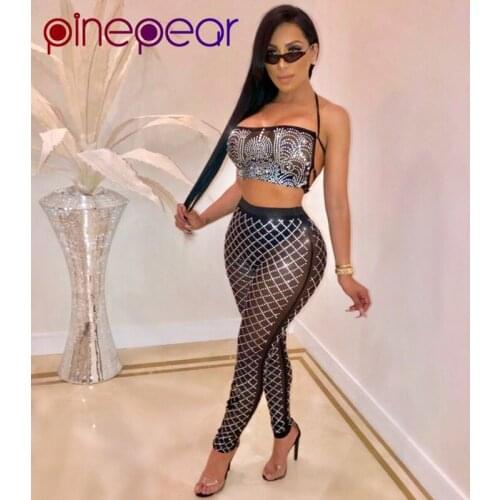 PinePear Glitter Diamond Outfit 2020 Women Mesh Sleeveless Backless Halter Crop Top + Pants 2 Piece Set Clubwear Drop Shipping