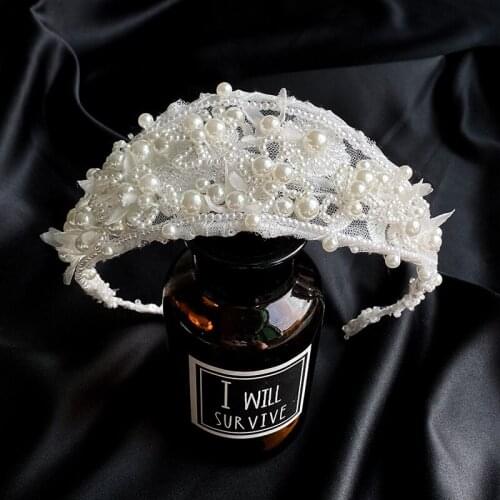 Vintage White Pearl Princess Hairband Tiaras handmade geometric Pearl Mesh Hairbands Wedding Bridemaid Fairy Headpiece 2021