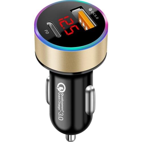 USB Car Charger , 38W Dual USB Car Charger Adapter with 20W PD Port, QC 3.0 and LED Voltmeter for For iPhone 12 Huawei Xiaomi