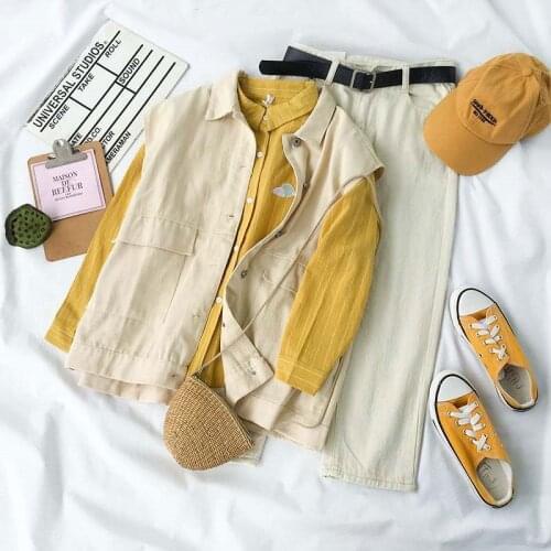 [Free belt] single/set spring autumn suit women student casual cargo vest + long-sleeved shirt + denim Japan pants preppy wear