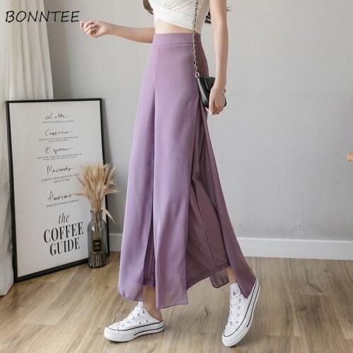 Wide Leg Pants Women Thin Loose Side-slit Y2K Zipper Chiffon Design Ankle-Length Pure Color Purple All-match Summer New Harajuku