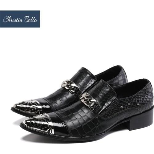 Christia Bella Black Men Formal Leather Shoes Wedding Party Male Dress Shoes Metal Pointed Toe Business Men Shoes Footwear