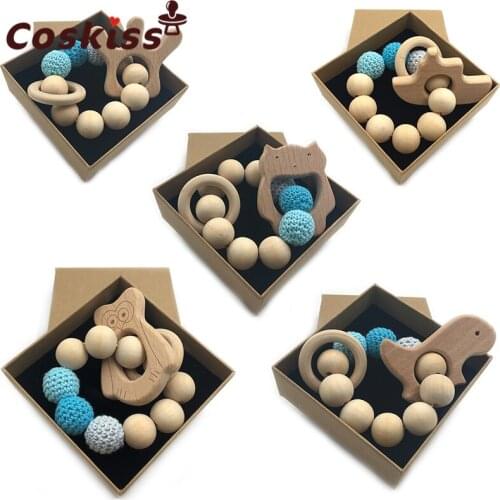 Baby Wooden Teether Bangle Crochet Bead Teething Ring Natural Organic Wooden Animal Untreated Beech Teething Grasping Toy