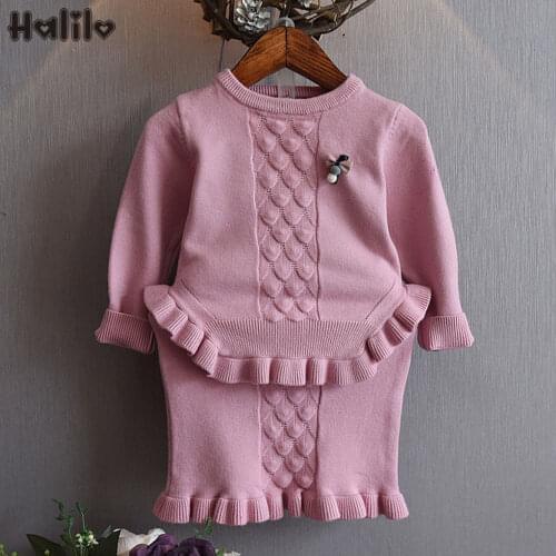 Halilo High Quality Children Clothes Girls Outfit Soft Knitted Sweater Skirt 2pcs Toddler Easter Outfit Fashion Kids Clothes Set