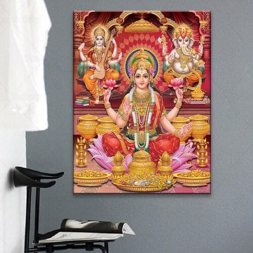 India Gold Emple Posters Elephant God Painting on Canvas Posters and Prints Religion Art Wall Art for Living Room Decor