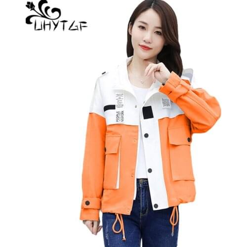 UHYTGF Genuine Spring Autumn Jacket Women Fashion Stitching Casual Student Short Coats Korean Tooling 2XL Plus Size Outwear 1270