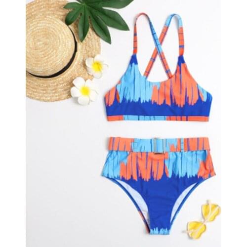 Summer Womens New Swimsuit Tight Open Back Sexy Button High Waist Cross Sling Printing Elastic Suit Beach Womens Wear