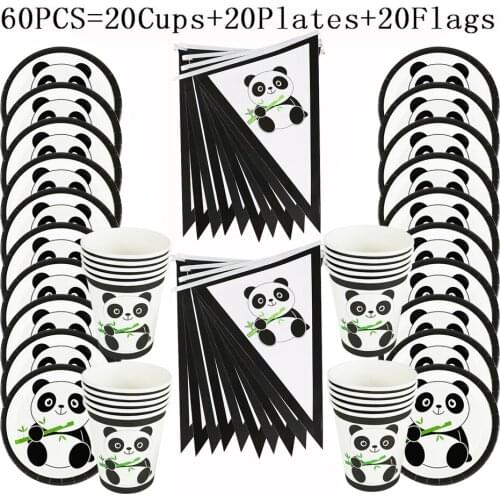 Hot Cute Panda Cartoon Theme 30Pcs/60Pcs Paper Cups Wedding Birthday Party Plates Flags Decoration Party Supplies Favors Show