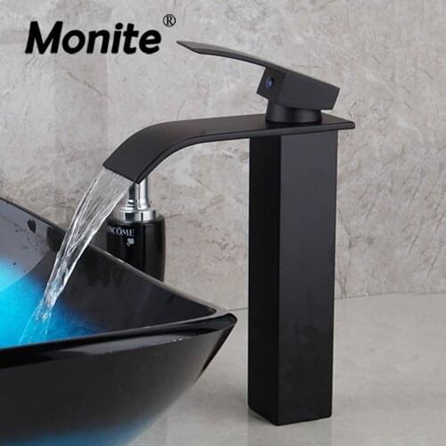 Monite Matte Black Bathroom Basin Faucet ORB Black Countertop Single Handle Wash Basin Sink Waterfall Mixer Tap Faucet