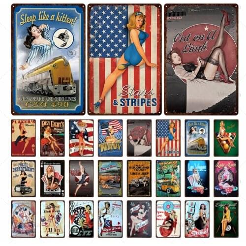 Pin Up Girl Metal Sign Tin Sign Plaque Metal Vintage Sexy Beauty Poster Wall Decor For Garage Bar Pub Club Man Cave Retro Signs