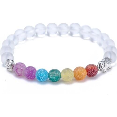 Trendy 8MM White Frosted Matte Bead Charm Mens and Womens Bracelet Elephant Bracelet Colorful Seven Chakra Energy Yoga Bead