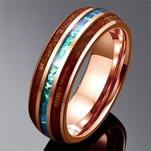 NUNCAD Wood Tungsten Carbide Ring For Men 6MM Rose Gold Acacia Opal Dome Tungsten Steel Ring Anillo Hombre