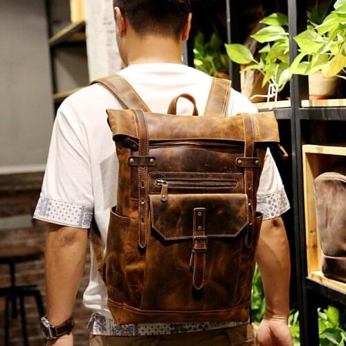 2021 New Style Mens Leather Backpack Vintage Fashion Men Male Travel Bag Laptop Bagpack For Male Cowhide Male Bag Anti theft