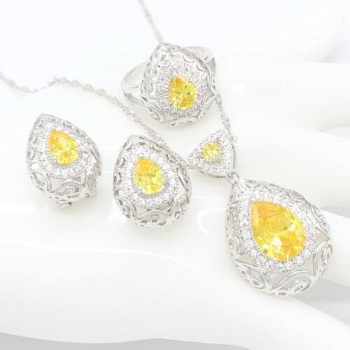 Stamp Silver Jewelry Sets For Women Yellow Cubic Zirconia Necklace Pendant Earrings Rings Christmas Gift