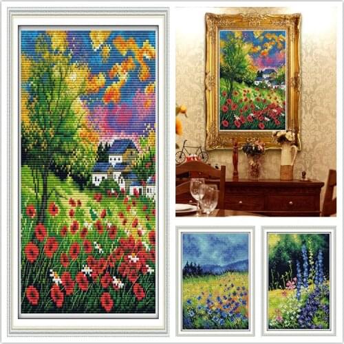 Beautiful Flower sea Cross Stitch Kits Scenery Printed pattern canvas Chinese Embroidery Needlework set Cross-stitch Home Decor