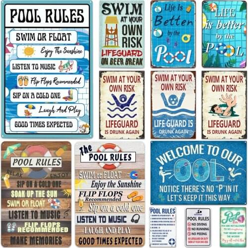 Pool Rules Wall Metal Posters Tin Signs Vintage Warning Sign Decorative Iron Plaque Painting Accessories 30x20cm/12x8 inch