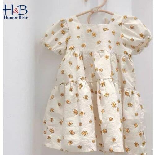 Humor Bear Girl Dress 2021 New Summer Puff-Sleeved Floral Printed Pricess Dress Cute Toddler Children Clothes