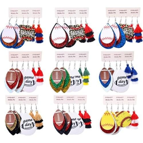 Sporty Baseball Softball Printing Teardrop Leather Dangle Drop Earrings Back to School Jewelry Collections