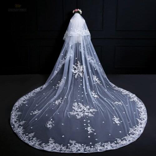 Wedding Veil Applique Edge Cathedral Veil Flower Two-Layer Bridal Veils 4m Length