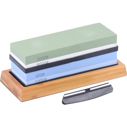 Knife Sharpener Stones 400/1000 3000/8000 Grit Whetstone Double-sided White Corundum Grinding Stone with Bamboo Base Angle Guide