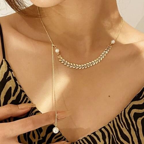 Wheat ear shape pearl necklace female Earrings tide net red minority design sense simple clavicle chain personality Necklace