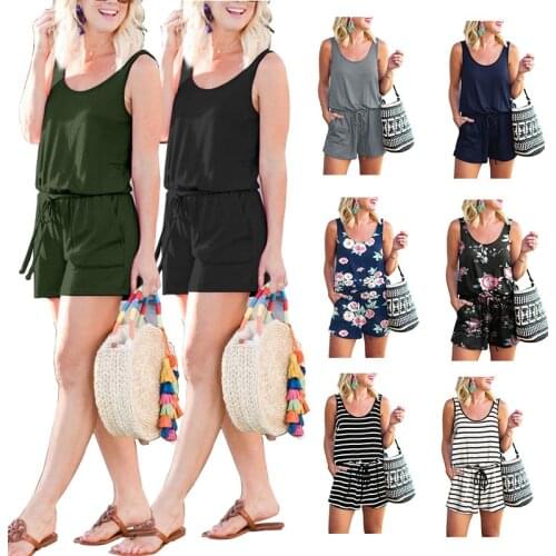 Womens Jumpsuit New Solid Summer Sleeveless Playsuit For Women Drawstring Lace-up Casual Loose Playsuits Lace Up Rompers 2021