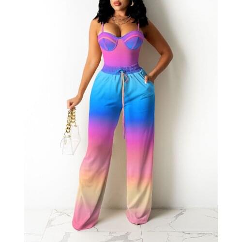 Women Fashion Ombre Colorblock Sexy Corset Cami Crop Top Wide Legs Contrast Pipping Pants Set Gradient Long Trousers Two Pieces