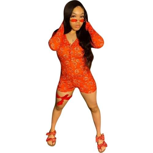 Adogirl Bandana Print Bodycon Jumpsuit Women Casual Sexy V Neck Long Sleeve Shorts Romper Fashion Playsuit New Overall Onesies