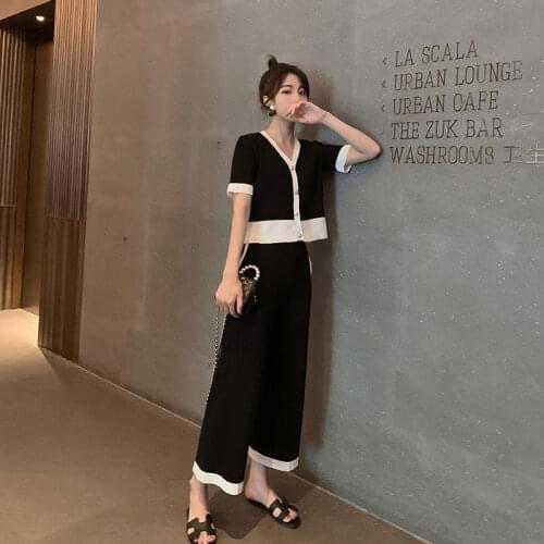 Women 2021 Summer Fashion Knitted Two Piece Set Female V-Neck Short Sleeve Cardigans + Ankle-Length Pants Casual Tracksuit T12