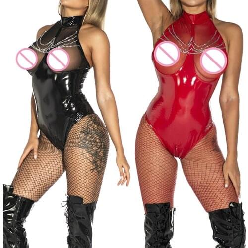 Plus Size Lingerie Porno Women Bodysuits Faux Leather Mesh Halter Chains Jumpsuits Zipper Open Crotch Latex PVC Catsuit Clubwear