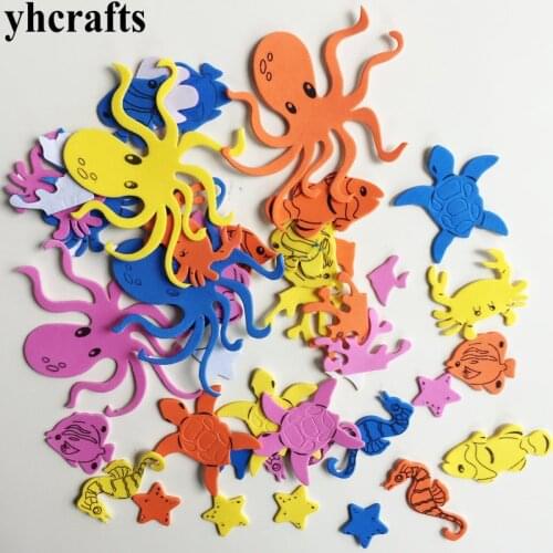 1bag/LOT, Devilfish turtle fish crab ocean animals foam stickers Early learning educational craft diy toys Kids room ornament