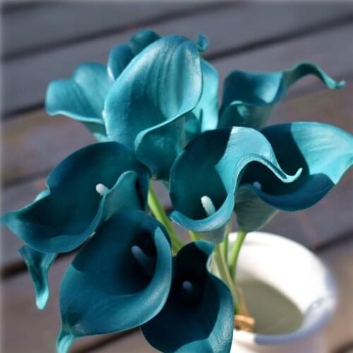 10 Dark Teal Calla Lilies Real Touch Calla Lily Bouquet For Wedding Bridal Decor